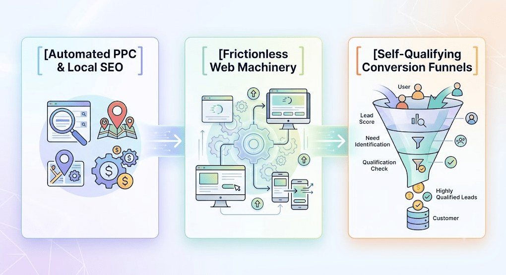 A three-panel infographic illustrating a digital marketing workflow from left to right. The first panel shows a search engine results page, location pins, and gears labeled "[Automated PPC & Local SEO]". An arrow leads to the central panel, displaying gears connecting desktop and mobile devices titled "[Frictionless Web Machinery]". The final arrow points to a multi-stage marketing funnel labeled "[Self-Qualifying Conversion Funnels]", showing leads passing through 'Lead Score', 'Need Identification', and 'Qualification Check' stages to become 'Highly Qualified Leads' and 'Customers'.