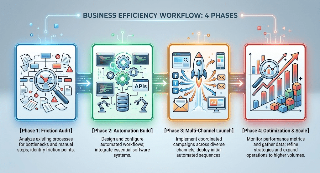 A four-step infographic titled "Business Efficiency Workflow: 4 Phases." It shows a linear process from left to right:

Phase 1: Friction Audit – A magnifying glass over complex documents and red warning signs.

Phase 2: Automation Build – Interconnected gears, computer screens, APIs, and robotic arms.

Phase 3: Multi-Channel Launch – A rocket launching surrounded by social media, email, mobile, and web icons.

Phase 4: Optimization & Scale – A magnifying glass on an upward-trending bar chart with plus signs.
Each box is connected by data streams and illuminated borders.
