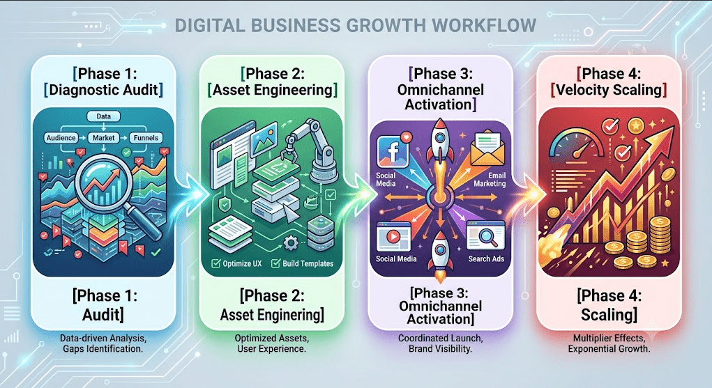 A horizontal, four-stage infographic detailing a business growth process. The first panel, "[Phase 1: Diagnostic Audit]," shows a magnifying glass over data and graphs with the subtitle "Audit - Data-driven Analysis, Gaps Identification." The second, "[Phase 2: Asset Engineering]," depicts a robotic arm building digital interfaces with the subtitle "Asset Engineering - Optimized Assets, User Experience." The third, "[Phase 3: Omnichannel Activation]," illustrates a rocket launching surrounded by social media, email, and ad icons with the subtitle "Omnichannel Activation - Coordinated Launch, Brand Visibility." The final panel, "[Phase 4: Velocity Scaling]," features a steep upward arrow with a speedometer and gold coins with the subtitle "Scaling - Multiplier Effects, Exponential Growth."