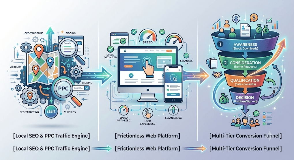 A comprehensive marketing infographic in a clean, modern illustration style. It is divided into three interconnected sections reading left to right, linked by flow arrows.

[Local SEO & PPC Traffic Engine]: A complex arrangement of gears, a world map with pinpoints, magnifying glasses, and a search interface labeled with text including "Visibility," "Bidding," "Geo-Targeting," and "PPC." Arrows point from here to the next section.

[Frictionless Web Platform]: Labeled and focused on a desktop and mobile device with hand icons interacting. Speedometers, checkmarks, and a code editor are shown, with text like "Speed," "User Experience," "Seamless UX," and "Speed Optimized."

[Multi-Tier Conversion Funnel]: Labeled, this is a large funnel receiving leads from the platform. It has four levels: "1 Awareness (Ebook Downloads)," "2 Consideration (Demo Requests)," "3 Qualification (Sales Consults)," and "4 Decision (Purchase/Sign-up)." Arrows show movement through the funnel with data points and icons. Leads exit into a row of smiling customers. Text labels for "Nurture" loops are also present.