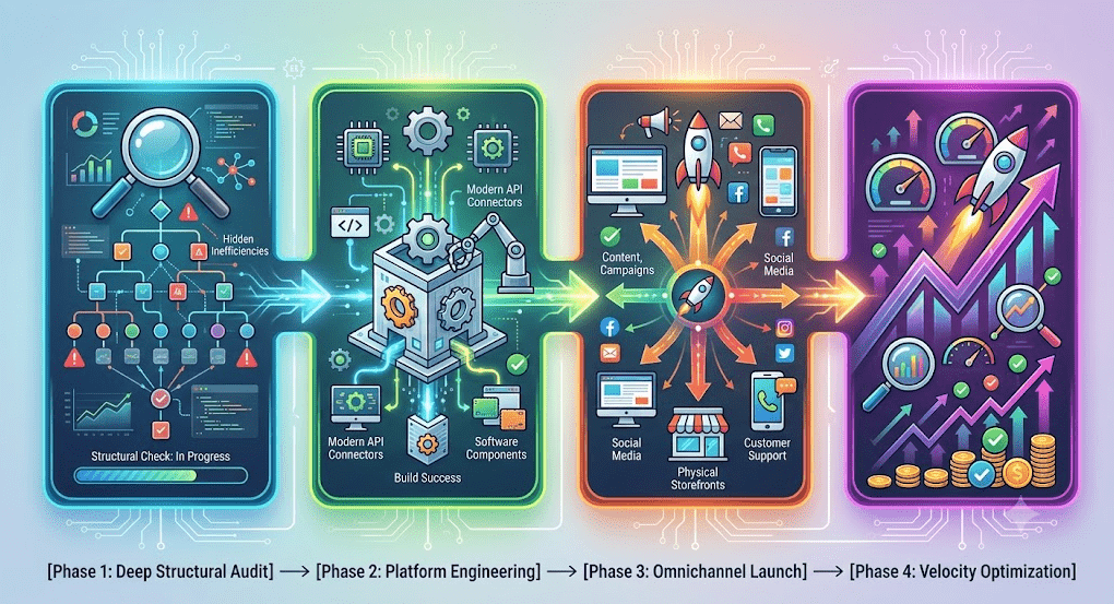 A four-stage business process infographic, presented on a gradient background with circuit board patterns. Each of the four phases is contained within a distinct, rounded rectangular panel with illuminated edges and internal icons, connected by glowing flow arrows. Text labels with phase descriptions are below each panel.

[Phase 1: Deep Structural Audit] (Blue/Green Panel): A magnifying glass over a complex network diagram with data points and graphs, labeled "Hidden Inefficiencies" with small warning triangles and checkmarks. A progress bar reads "Structural Check: In Progress".

[Phase 2: Platform Engineering] (Green/Yellow Panel): A large central structure being assembled by a robotic arm and gears, with modern API symbols. Panels with icons for computer code, processors, and cloud databases are visible, labeled "Modern API Connectors" and "Software Components".

[Phase 3: Omnichannel Launch] (Orange/Red Panel): Multiple devices (desktop, laptop, mobile, physical store) radiating outwards with data streams. Icons show rockets, loudspeakers, email, social media logos (F, T, In), customer support phone, and physical storefront, labeled "Content, Campaigns" and "Social Media", "Physical Storefronts", and "Customer Support".

[Phase 4: Velocity Optimization] (Purple/Magenta Panel): A powerful upward-trending arrow with speedometers and a multi-level line graph. Magnifying glasses examine data streams, and small checkmark and star icons with gold coins signify increasing speed and multiplying results, labeled with data flow and growth metrics.

Arrows show the flow and interconnectedness of the phases from start to finish. The entire visual style is modern vector, clean, and data-centric. All text is integrated and legible within the design.