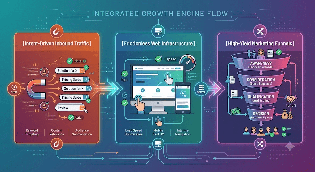 A horizontal business infographic flowchart divided into three distinct panels, set against a teal-to-purple gradient background with digital circuit patterns. The title at the top reads, "INTEGRATED GROWTH ENGINE FLOW."

Panel 1: [Intent-Driven Inbound Traffic]: This red panel on the left features a large magnet icon pulling in relevant search query results in rounded bubbles. Queries include "Solution for X," "Pricing Guide," and "Review," accompanied by data checkmarks and small profile icons. Flow arrows point from the magnet towards the central panel. The sub-text at the bottom lists: "Keyword Targeting," "Content Relevance," and "Audience Segmentation."

Panel 2: [Frictionless Web Infrastructure]: A teal central panel focusing on a desktop computer, tablet, and mobile phone, all displaying a clean website interface. Hand icons are interacting with the screens, and circular speedometers with "speed" and "fast" labels indicate high performance. An explicit "server" icon with data lines is present. The sub-text at the bottom lists: "Load Speed Optimization," "Mobile First UX," and "Intuitive Navigation." A large flow arrow connects this panel to the right.

Panel 3: [High-Yield Marketing Funnels]: A purple and magenta panel on the right illustrating a structured multi-tier funnel. Tiers are labeled clearly from top to bottom: "AWARENESS (Ebook Downloads)," "CONSIDERATION (Demo Requests)," "QUALIFICATION (Lead Scoring)," and "DECISION (Purchase/Sign-up)." Icons relevant to each stage (people, documents, handshakes, money bags, multiplier) are integrated. The sub-text lists "nurture" loops and successful client avatars at the bottom. The entire funnel has a dynamic glow.

Arrows connect the three panels, showing the progression of user flow and data. All text is legible and incorporated into the design.