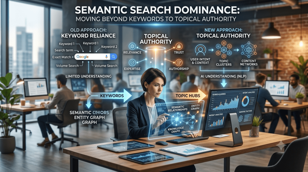 Photorealistic image of a professional woman working in a modern office, blended with a digital infographic overlay titled "Semantic Search Dominance: Moving Beyond Keywords to Topical Authority." The overlay compares the old approach of exact-match keyword reliance against the new approach of topical authority, highlighting concepts like user intent, entity graphs, knowledge graphs, and AI natural language processing across interactive data dashboards and connected node diagrams.