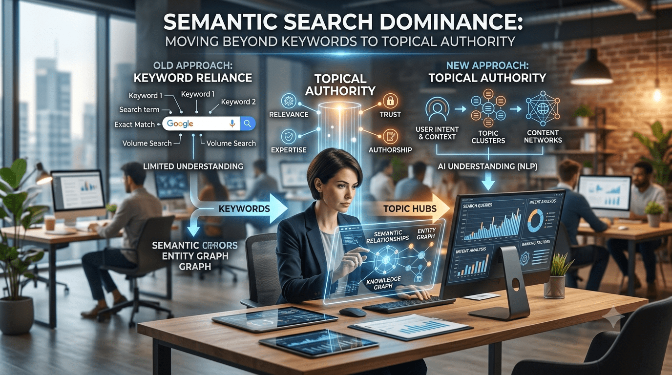Photorealistic image of a professional woman working in a modern office, blended with a digital infographic overlay titled "Semantic Search Dominance: Moving Beyond Keywords to Topical Authority." The overlay compares the old approach of exact-match keyword reliance against the new approach of topical authority, highlighting concepts like user intent, entity graphs, knowledge graphs, and AI natural language processing across interactive data dashboards and connected node diagrams.