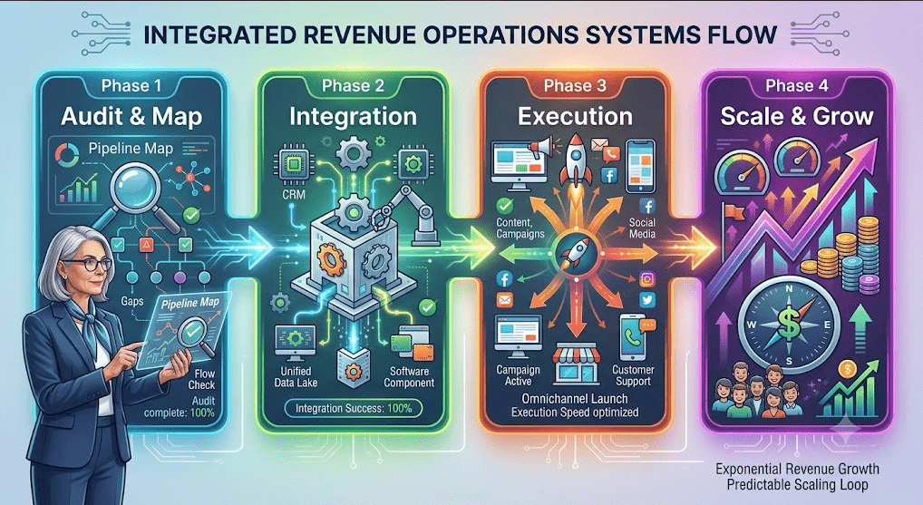 A horizontal, four-stage business process flowchart visualizing the implementation of a Unified RevOps strategy. The background is a clean digital pattern with flowing data lines, in a modern vector infographic style.
Phase 1: Audit & Map (Blue/Teal Panel): Features a senior female RevOps analyst using a transparent pipeline mapping tool with a magnifying glass to diagnose process gaps and audit bottlenecks. Text reads "Pipeline Map," "Gaps," "Flow Check," and "Audit complete: 100%."
Phase 2: Integration (Green Panel): A complex, illuminated central cube connects disparate software modules (CRM, Marketing Automation, Customer Success) with robotic arms and gears. Text reads "Unified Data Lake" and "Zero Data Silos" with an "Integration Success: 100%" status badge.
Phase 3: Execution (Orange Panel): A central activation point sends multichannel marketing campaigns (Ebook, Email, Social Media F/T, Phone) and sales activity outwards, with multiple rockets and devices. Text reads "Content, Campaigns," "Social Media," "Execution Speed Optimized," and "Omnichannel Launch."
Phase 4: Scale & Grow (Purple Panel): A multi-level, upward-trending graph with multiple arrows and speedometers showing rapid acceleration. It features milestone flags, stacks of gold coins, and a collection of smiling customers at the bottom. A large compass with a "$" symbol points towards growth. Text reads "Exponential Revenue Growth," "Predictable Scaling Loop," and "Multiplied Results."
The phases are connected by luminous, dynamic flow arrows, indicating progression from data audit and unified systems to full multi-channel execution and exponential, predictable growth. All text is legible and integrated into the design.
