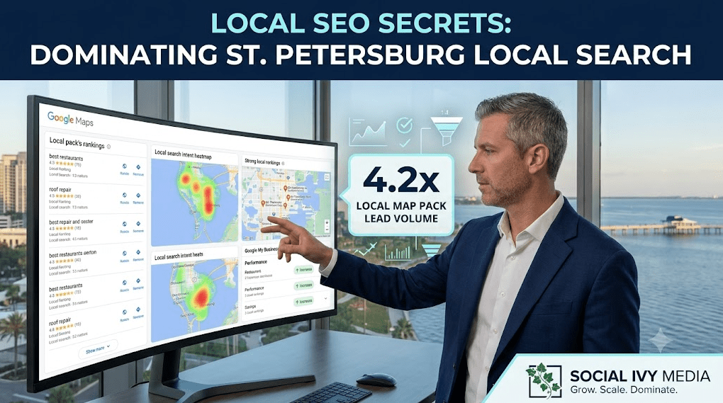 A photorealistic 16:9 featured image set inside a modern downtown St. Petersburg office with large windows overlooking Tampa Bay and the city skyline. A professional male local growth strategist, wearing a navy blazer and white shirt, stands focused on a large curved monitor. The screen displays data visualizations: Google Maps Local Pack rankings for terms like "best restaurants" and "roof repair," alongside a detailed local search intent heatmap of St. Pete. The monitor also shows a Google My Business performance dashboard. A bold, upper-third overlay reads, "LOCAL SEO SECRETS: DOMINATING ST. PETERSBURG LOCAL SEARCH". A glowing floating infographic callout box in the central-right area highlights a statistic: "4.2x LOCAL MAP PACK LEAD VOLUME". A clean Social Ivy Media footer bar with the company logo (an ivy vine and text) and tagline "Grow. Scale. Dominate." is in the lower-right corner. The atmosphere is data-driven, strategic, and localized. The focus is sharp on the strategist, monitor, and overlays.