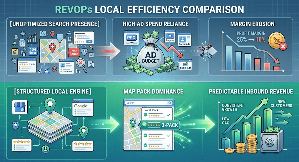 A detailed horizontal infographic split into two distinct, contrasting flows, comparing different local business search strategies. The top section, labeled "[Unoptimized Search Presence]" in blue, illustrates a fragmented network of disconnected maps, broken links, and low-star rating icons. Red arrows lead to a diagram titled "High Ad Spend Reliance," showing a massive money bag labeled "AD BUDGET" overflowing with cash being spent on various ads like PPC and Display, while a downward-trending arrow with red "X" marks points to the final block, "Margin Erosion." This final block shows decreasing profit percentages and a decaying bar graph with red visual elements.

The bottom section, labeled "[Structured Local Engine]" in green, presents a contrasting flow. It begins with a visualization of a precise, multi-layered map grid, an optimized Google My Business listing, accurate location pins, and structured data flow lines, all seamlessly linked and glowing with teal light trails. A powerful illuminated arrow points to the next block, "Map Pack Dominance," which depicts a localized search results list on a map with a stylized "3-PACK" (three distinct listings with checkmarks, five stars, and prominent position) clearly commanding the 'Local Pack' area. Green light trails emanate from the map. Finally, a strong arrow leads into "Predictable Inbound Revenue," a block showing a strong upward-trending bar graph with large, solid green columns, a stack of gold coins, and a safe/vault icon filled with currency, and multiple arrows of new customers arriving. Labels like "Consistent Growth" and "Low CAC" are integrated. The overall infographic title, "REVOPS LOCAL EFFICIENCY COMPARISON," is at the top. The entire composition uses a clean vector style with a subtle digital grid and gradient background.