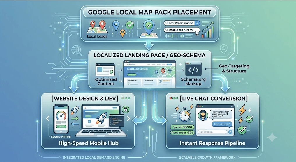 A 3-tier vector infographic detailing a local search conversion ecosystem against a modern gradient background with circuit-board styling and glowing light paths.

Top Tier (Google Local Map Pack Placement): Shows map location pin icons, checkmarks, a search bar with queries like "Roof Repair near me," and a small upward trend chart representing local lead acquisition.

Middle Tier (Localized Landing Page / Geo-Schema): Illustrates a webpage mockup displaying local content, interactive map sections, and a Schema.org code block icon labeled "Geo-Targeting & Structure."

Bottom Tier (Split Conversion Engines):

Left Panel ([Website Design & Dev]): Features a smartphone and laptop display showcasing high site speed meters, a rocket launch graphic, secure HTTPS icons, and code snippets, labeled "High-Speed Mobile Hub."

Right Panel ([Live Chat Conversion]): Displays an interactive live chat window with a customer support avatar, speed indicators reading "Speed: 98/100" and "Response: <30s," and lightning icons labeled "Instant Response Pipeline."

Glowing arrows interconnect all tiers from top to bottom, illustrating how local search placement flows into geo-optimized landing pages and ultimately splits into high-speed mobile performance and immediate chat conversions.
