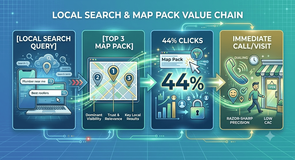 A four-stage horizontal vector infographic detailing the conversion pathway of local search traffic against a modern cyan and dark blue grid background with glowing light streams:

[Local Search Query] (First Panel): Illustrates user intent with a mobile phone and laptop display featuring search bars with queries like "Plumber near me" and "Best roofers," surrounded by magnifying glass icons and cloud data streams.

[Top 3 Map Pack] (Second Panel): Highlights search engine visibility with a map interface showing three numbered map pin markers (1, 2, and 3). Labels beneath read "Dominant Visibility," "Trust & Relevance," and "Key Local Results."

44% Clicks (Third Panel): Features a bold, illuminated "44%" visual graphic next to a cursor clicking a "Map Pack" UI element, surrounded by user profile icons, a growing bar chart, and a lock icon signifying captured market share.

Immediate Call/Visit (Fourth Panel): Shows high-intent customer actions with a glowing telephone handset ringing, a clock, and a customer walking into a physical storefront with an "OPEN" sign. Labels at the bottom read "Razor-Sharp Precision" and "Low CAC."

Luminous green and gold arrows connect each panel sequentially from left to right, illustrating the high conversion flow from initial search intent to direct customer action.