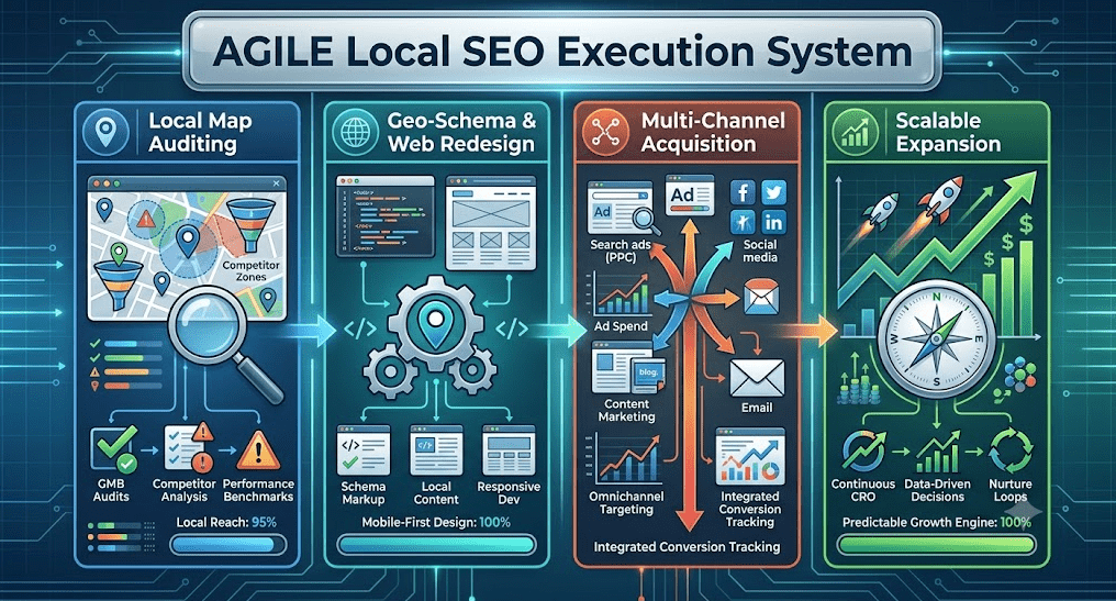 A 4-pillar infographic detailing the 'Agile Local SEO Execution System' against a dark blue background with abstract circuit lines and glowing data streams. The title, 'AGILE Local SEO Execution System,' is in a bold, rounded header. The layout features four distinct vertical sections, connected by a clear, step-by-step sequential flow from left to right:

Local Map Auditing (Teal Section): Features a large magnifying glass over an interactive map with location pins and competitor zones. Diagrams below show checkmarks and alert icons, with sub-labels for 'GMB Audits,' 'Competitor Analysis,' 'Performance Benchmarks,' and a bottom progress bar labeled 'Local Reach: 95%.'

Geo-Schema & Web Redesign (Purple Section): Shows illustrative code blocks, a website wireframe with structured content, and a central gears icon with a location pin inside. Small labels point to 'Schema Markup,' 'Local Content,' and 'Responsive Dev.' A bottom progress bar reads 'Mobile-First Design: 100%.'

Multi-Channel Acquisition (Orange/Red Section): Depicts multiple converging acquisition channels flowing into a central point: PPC search ads, content marketing (blog and ebook), email marketing, social media (Facebook, Twitter, LinkedIn). Arrows indicate data flow. Sub-diagrams show ad spend graphs and social media metrics. Sub-labels include 'Omnichannel Targeting' and 'Integrated Conversion Tracking.'

Scalable Expansion (Green Section): Illustrates growth with upward-trending graphs, rockets taking off, and growing data clusters. A large compass with a '$' symbol and 'Growth' markings points upwards. Sub-diagrams show 'Continuous CRO,' 'Data-Driven Decisions,' and 'Nurture' loops. A bottom green progress bar is titled 'Predictable Growth Engine: 100%.'

The overall style is clean vector, modern, highly readable, and cohesive, with light effects and dynamic elements connecting all components on a subtle circuit-like background. Horizontal glowing arrows flow through each section, visualizing the step-by-step progress.