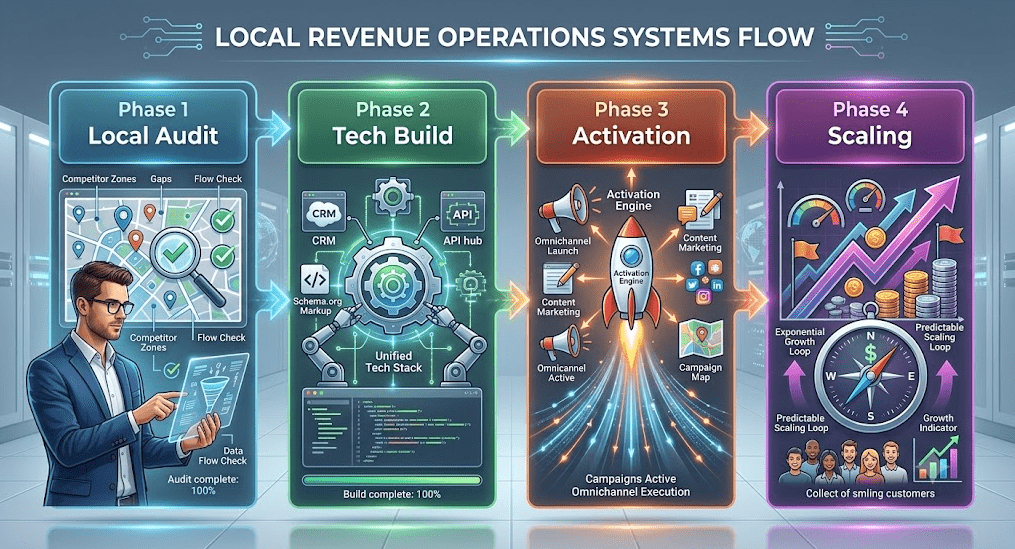 A four-stage horizontal vector flowchart detailing a local Revenue Operations (RevOps) methodology against a sleek, high-tech server room background with circuit overlays and illuminated data paths:

Phase 1: Local Audit (Teal Panel): Features a male RevOps analyst interacting with a holographic tablet display. Behind him, a large screen showcases a local map with competitor zones, gap analysis markers, and a magnifying glass over audit checkmarks. Labels include "Competitor Zones," "Gaps," "Flow Check," and a status badge reading "Audit complete: 100%."

Phase 2: Tech Build (Green Panel): Illustrates an automated assembly of a unified tech stack featuring robotic arms constructing a central gear structure connected to CRM, API Hub, Schema.org Markup, and code blocks. Includes a progress bar labeled "Build complete: 100%."

Phase 3: Activation (Orange Panel): Shows a central rocket taking off from a dynamic launchpad, surrounded by multi-directional arrows for "Omnichannel Launch," "Content Marketing," "Campaign Map," and social icons. Labels at the bottom read "Campaigns Active" and "Omnichannel Execution."

Phase 4: Scaling (Purple Panel): Visualizes rapid performance growth with high-speed performance gauges, multi-colored upward-trending arrows, stacks of gold coins, and milestone flags. A large central compass with a dollar sign points toward growth above a group of smiling customers. Labels include "Exponential Growth Loop," "Predictable Scaling Loop," and "Growth Indicator."

Horizontal glowing arrows sequentially connect each section from left to right, depicting a structured progression from audit and technical integration to full activation and predictable scaling.
