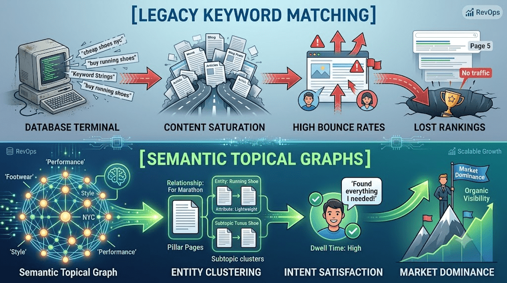 A detailed horizontal infographic split into two distinct, contrasting flows that compare traditional search engine optimization against modern semantic search strategies against a clean vector backdrop:

Top Flow – [LEGACY KEYWORD MATCHING] (Muted Grey & Red Scheme):

Database Terminal: Shows an outdated, dusty desktop computer spitting out rigid keyword strings like "cheap shoes nyc" and "buy running shoes".

Content Saturation: Red arrows lead to a chaotic, cluttered pile of duplicate blog posts and articles overwhelming a road.

High Bounce Rates: Leads to a web browser window displaying red warning signs, upward-pointing exit arrows, and frustrated user icons leaving the site.

Lost Rankings: A downward red arrow drops into a dark pit containing a buried trophy, labeled "Page 5" and "No traffic."

Bottom Flow – [SEMANTIC TOPICAL GRAPHS] (Vibrant Teal & Green Scheme):

Semantic Topical Graph: Displays a glowing, interconnected knowledge graph network with nodes labeled with concepts like "Footwear," "Style," "Performance," and "NYC."

Entity Clustering: Luminous green arrows lead to a structured architecture showing pillar pages connected logically to subtopic clusters (e.g., "Entity: Running Shoe", "Attribute: Lightweight").

Intent Satisfaction: Flows into a smiling customer icon with a checkmark and speech bubble reading "Found everything I needed!", labeled "Dwell Time: High."

Market Dominance: A rising green arrow surges upward to a professional standing victorious at the peak of a mountain holding a "Market Dominance" flag, alongside strong upward organic growth charts.