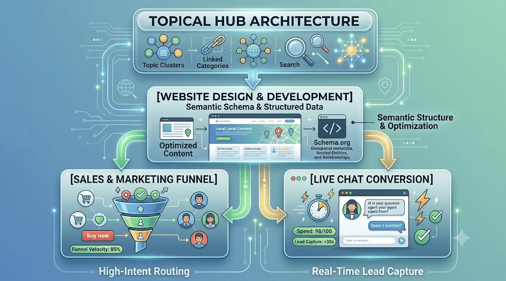 A 3-tier vector flowchart detailing a semantic content and lead conversion ecosystem against a modern teal-to-blue gradient background with circuit-board styling and glowing light paths:

Top Tier (Topical Hub Architecture): Features interconnected node clusters representing "Topic Clusters," "Linked Categories," search magnifying glasses, and a glowing topical graph network, illustrating how semantic topic hubs organize search intent.

Middle Tier ([WEBSITE DESIGN & DEVELOPMENT] Semantic Schema & Structured Data): Displays a central website interface mockup with local map elements, paired with a code block icon labeled "Schema.org (Geospatial metadata, Nested Entities, and Relationships)" and a side callout for "Semantic Structure & Optimization."

Bottom Tier (Dual Conversion Routes):

Left Panel ([SALES & MARKETING FUNNEL]): Features a visual sales funnel routing qualified user profile icons down through conversion checkpoints, with a call-to-action "buy now" button and a metric pill labeled "Funnel Velocity: 85%." Sub-captioned "High-Intent Routing."

Right Panel ([LIVE CHAT CONVERSION]): Shows a live chat widget with a customer support avatar, lightning bolt indicators, a stopwatch graphic displaying "Speed: 98/100," and "Lead Capture: <30s." Sub-captioned "Real-Time Lead Capture."

Luminous green and gold arrows connect the tiers top-to-bottom, illustrating how organized topic hubs flow through structured web design into high-velocity sales funnels and instant live chat conversions.