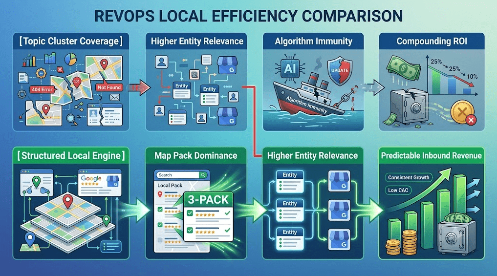 A detailed 2-row horizontal comparison infographic contrasting traditional or unoptimized search setups against a structured local revenue engine against a blue gradient background:

Top Row (Unoptimized Search Presence / Topic Cluster Breakdown):

[Topic Cluster Coverage]: Illustrates fragmented, broken maps displaying "404 Error" and "Not Found" messages along with disconnected data points.

Higher Entity Relevance: Shows an unorganized web of entity blocks with broken links and mixed Google map business profile icons.

Algorithm Immunity: Features a sinking ship labeled "Algorithm Immunity" taking damage from a shield marked "UPDATE" and an "AI" chip.

Compounding ROI: Displays a decaying line graph dropping from 25% down to 10%, falling cash, and a cracked safe next to a red "X" icon.

Bottom Row ([Structured Local Engine]):

[Structured Local Engine]: Displays a precise multi-layered map grid, an optimized Google business profile, location markers, and organized data lines glowing with green trails.

Map Pack Dominance: Highlights a mobile search interface featuring a prominent "3-PACK" badge, five-star ratings, and green checkmarks indicating top local search results.

Higher Entity Relevance: Shows structured entity blocks cleanly mapped and routed directly into verified Google business profiles.

Predictable Inbound Revenue: Displays a steep upward-trending green bar chart with labels "Consistent Growth" and "Low CAC," accompanied by stacks of gold coins and a vault filled with cash.

A red line connects the top row's entity network down toward the structured path below, while glowing green arrows flow left-to-right across the bottom row to emphasize steady, compounding growth.