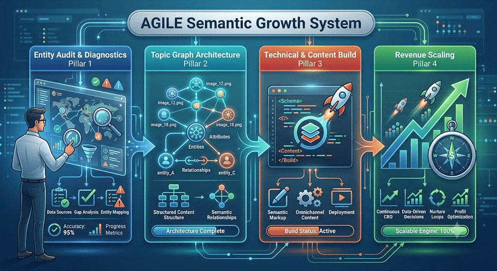 A horizontal, four-stage vector infographic illustrating the "AGILE Semantic Growth System" against a high-tech digital background with circuit traces and data streams. A top rounded banner spanning all columns reads "AGILE Semantic Growth System." The system is divided into four numbered pillars:
Entity Audit & Diagnostics (Pillar 1 - Blue): Features a male SEO analyst reviewing diagnostic screens showing entity authority meters, error logs, knowledge graph mapping, and completion progress bars labeled "Audit complete: 100%."
Topic Graph Architecture (Pillar 2 - Teal): Shows an automated robotic assembly line building a central knowledge graph connected to subtopics, entities, and schema attributes. Includes a status indicator for "Architecture Complete."
Technical & Content Build (Pillar 3 - Orange): Illustrates an activation engine with rockets, code editor symbols, content creation icons, and deployment data funnels. A status bar reads "Build Status: Active."
Revenue Scaling (Pillar 4 - Green): Visualizes performance acceleration with high-speed gauges, compounding revenue growth charts, stacks of gold coins, and a compass pointing to global profit optimization, with a progress bar labeled "Scalable Engine: 100%."
Sequential glowing arrows connect each phase from left to right, depicting a structured progression from analysis and mapping to automated content generation and scalable financial growth.