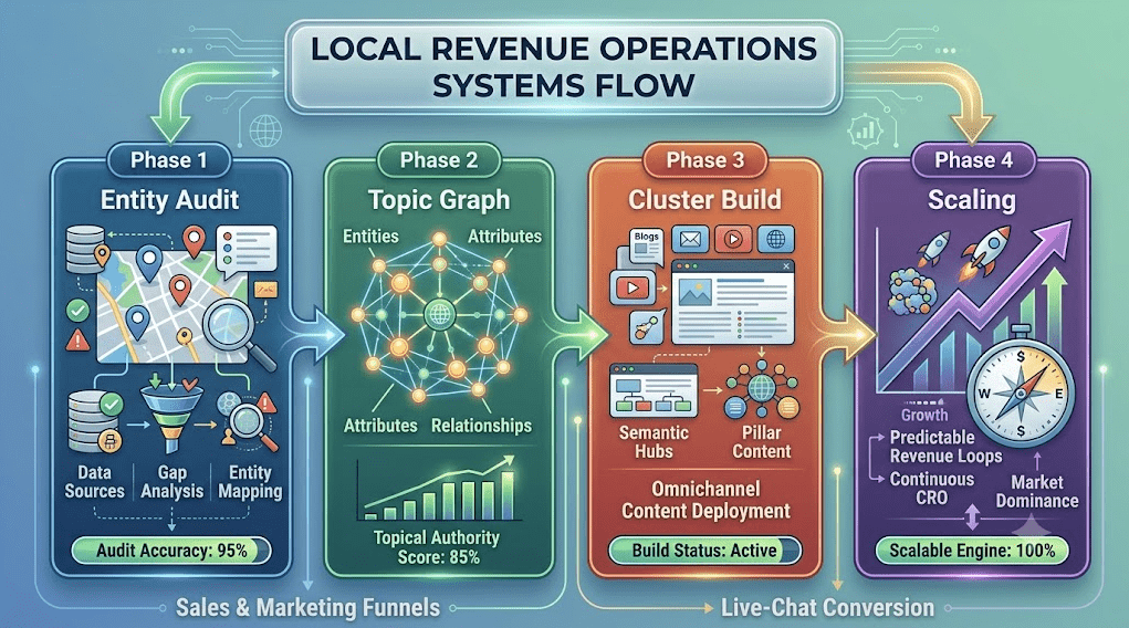 A four-stage horizontal vector flowchart detailing a local Revenue Operations (RevOps) systems flow against a high-tech digital background with circuit traces and data streams:
Top Banner: Title "LOCAL REVENUE OPERATIONS SYSTEMS FLOW."
Phase 1: Entity Audit (Blue Panel): Illustrates data sources and mapping with a stylized local map, location pins, data funnels, database icons, and a magnifying glass analyzing information nodes. Labeled categories include "Data Sources," "Gap Analysis," and "Entity Mapping," with a metric reading "Audit Accuracy: 95%."
Phase 2: Topic Graph (Green Panel): Visualizes a complex interconnected knowledge graph network labeled "Entities," "Attributes," and "Relationships." Below this, an upward-trending bar chart displays a metric: "Topical Authority Score: 85%."
Phase 3: Cluster Build (Orange Panel): Depicts an omnichannel content deployment strategy. Shows structured blocks for blogs, media (video, mail), and an active web interface. Components are organized into nested data clusters labeled "Semantic Hubs" and "Pillar Content." A status bar reads "Build Status: Active."
Phase 4: Scaling (Purple Panel): Visualizes performance growth and market dominance. Features rapid performance gauges, ascending compounding growth arrows with rocket iconography, and growing data clusters. A central compass points upward to growth milestones above a group of satisfied business profiles. Labels include "Exponential Growth Loop," "Predictable Revenue Loops," and "Market Dominance." Status reads "Scalable Engine: 100%."
Sequential glowing arrows flow left-to-right to connect each distinct phase, visualizing the structured progression from initial entity analysis to scalable revenue growth. Terminal points for "Sales & Marketing Funnels" and "Live-Chat Conversion" are indicated below the main scaling outcomes, connected to the conversion loops.