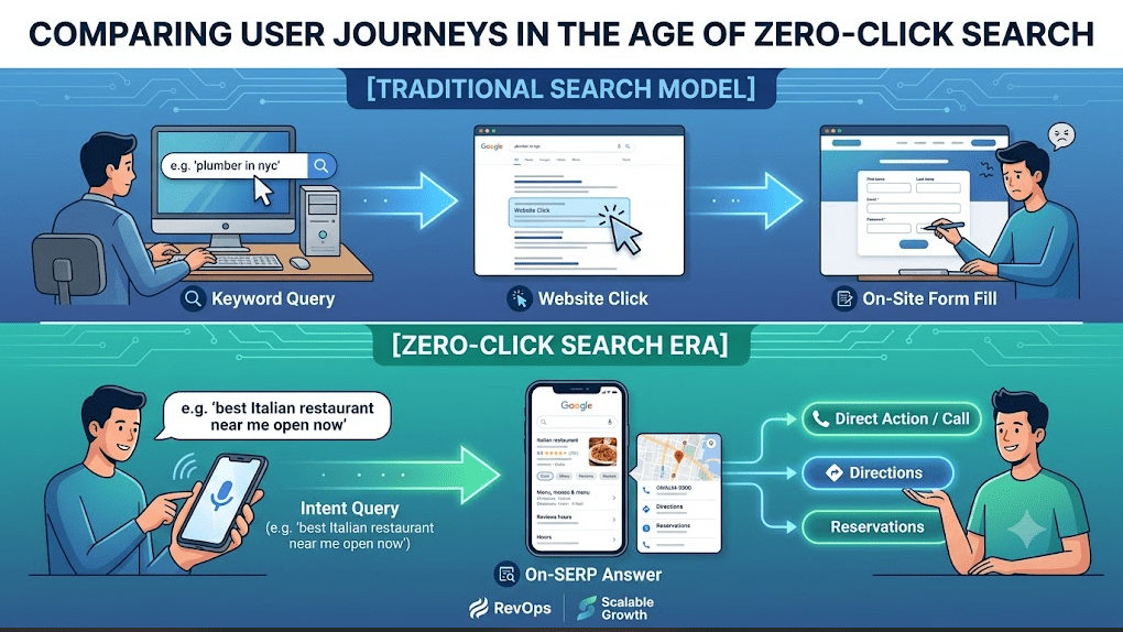 A horizontal infographic infographic split into two distinct, contrasting user search journeys against a clean vector backdrop, comparing traditional search engine models against the modern zero-click search era:

Top Flow – [TRADITIONAL SEARCH MODEL] (Muted Blue Scheme):

Keyword Query: A user at a desktop computer enters a specific phrase like "plumber in nyc" into a search bar.

Website Click: A blue arrow leads to a simulated Google SERP where a mouse cursor clicks on a listed result, triggering a page navigation.

On-Site Form Fill: A second arrow leads to a standard website landing page where a user avatar interacts with a multi-field "On-Site Form Fill" (Name, Email, Phone, Project Details) that features red mandatory asterisk warnings and a red confirmation button, indicating friction.

Bottom Flow – [ZERO-CLICK SEARCH ERA] (Vibrant Teal & Green Scheme):

Intent Query: A second user on a modern mobile device uses a voice assistant or complex intent-based query like "best Italian restaurant near me open now" into a search interface.

On-SERP Answer: A luminous green arrow leads to a dynamic mobile screen showing a rich Google Knowledge Panel complete with images, reviews, menu details, maps, and hours—immediately answering the question without a click.

Direct Action / Call: Multiple powerful green arrows point directly from the on-SERP answer to a menu of instant conversion options including glowing buttons for "Direct Action / Call", "Directions", and "Reservations", leading straight to a successful outcome without ever leaving the search engine.

Both flows feature subtle background circuit patterns and glowing data streams. Labeled arrows guide the entire sequential journey. Logos for "RevOps" and "Scalable Growth" are discreetly placed at the bottom center.