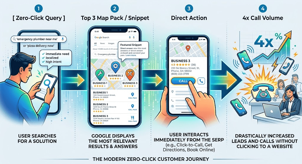 A step-by-step infographic showing the zero-click customer conversion journey on mobile. Step 1 shows a user searching for local high-intent queries like 'emergency plumber near me'. Step 2 displays Google's Top 3 Map Pack and Featured Snippet. Step 3 demonstrates direct action via a 'Call' button tap on the SERP without visiting a website. Step 4 highlights a dramatic 4x surge in call volume and leads for the business.