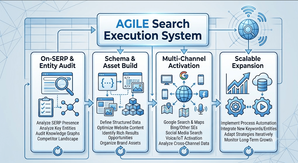 A conceptual flow diagram titled "AGILE Search Execution System," presented in a professional blue and white infographic style. The image illustrates a four-stage iterative workflow within a structured grid, connected by directional arrows.
Stage 1 (On-SERP & Entity Audit): A magnifying glass over a stylized Search Engine Results Page (SERP) with text icons for "Audit Entities" and "Analyze Knowledge Graph." This section focuses on evaluating how search engines view and present a brand's data.
Stage 2 (Schema & Asset Build): Icons of curly braces representing {code} snippet markup and various digital content assets. This section highlights structuring data to make it machine-readable for search algorithms and AI.
Stage 3 (Multi-Channel Activation): A central globe surrounded by smaller icons for mobile, tablet, desktop, a voice microphone, and a social network logo (like 'X' or Facebook). Arrows show data propagating across these diverse platforms.
Stage 4 (Scalable Expansion): An upward-trending growth chart, a cloud database storage symbol, and rotating gears with a 'play' button. This section represents the automation and long-term scaling of visibility efforts.