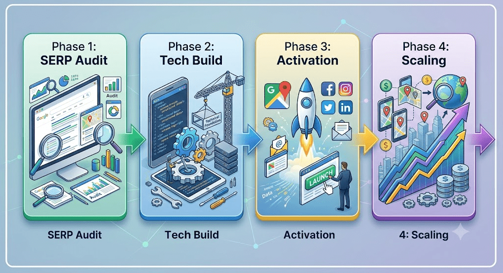 A clean, modern four-panel horizontal flowchart titled with four phases connected by arrows. Phase 1 (SERP Audit) features a computer desktop with magnifying glasses and analytics charts evaluating search results. Phase 2 (Tech Build) shows a smartphone displaying code, structured data markup, gears, and construction cranes. Phase 3 (Activation) shows a rocket launching surrounded by Google Maps, social media icons, and a launch button. Phase 4 (Scaling) features expanding map location pins, upward-trending growth graphs, stacks of coin currency, and a magnifying glass over a globe.
