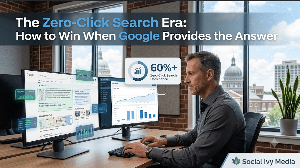 A photorealistic 16:9 featured image set in a modern St. Petersburg executive workspace. A male senior search strategist analyzes complex Google SERP analytics including AI Overviews, Featured Snippets, and Map Packs on a dual-monitor setup. A bold overlay spans the top reading "The Zero-Click Search Era: How to Win When Google Provides the Answer". A floating graphic callout displays a circular metric with text "60%+ Zero-Click Search Dominance." The bottom right corner contains a subtle "Social Ivy Media" footer bar.