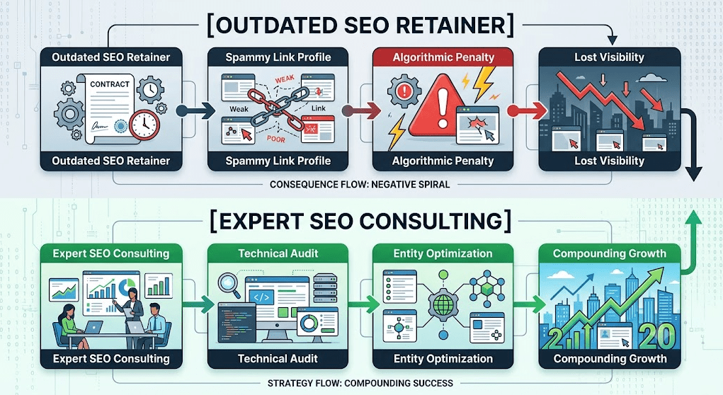 A two-part conceptual diagram comparing the workflow and outcomes of different search engine optimization (SEO) approaches, presented in a clean, professional, flat illustration style against a light gradient background with abstract digital patterns.

The top flow, labeled "[Outdated SEO Retainer]" with a blue header, illustrates a negative progression across four distinct panels:

Outdated SEO Retainer: A clock and gears next to a stack of basic paper contracts.

Spammy Link Profile: Red and grey chain links, some broken, connected to abstract website boxes labeled "WEAK" and "LINK."

Algorithmic Penalty: A large red triangular warning sign with an exclamation mark, surrounded by red alert indicators and red downward arrows.

Lost Visibility: A dark cityscape under stormy clouds, showing a plummeting red line graph with downward-pointing red arrows, and several dark, empty browser windows.
A label below this section reads: "CONSEQUENCE FLOW: NEGATIVE SPIRAL."

The bottom flow, labeled "[Expert SEO Consulting]" with a green header, illustrates a positive, upward progression:

Expert SEO Consulting: A group of business professionals in suits reviewing large, growing bar charts and graphs on multiple screens.

Technical Audit: A central computer monitor displaying a magnifying glass over code snippets (</>), server rack icons, and circular analytics.

Entity Optimization: A central globe icon surrounded by interconnected nodes, schema markup symbols, and organized data points.

Compounding Growth: A bright city skyline in daylight with green arrows pointing upward, a rising green line graph, and stacks of coins, labeled with "COMPLETELY OPTIMIZED."
A label below this section reads: "STRATEGY FLOW: COMPOUNDING SUCCESS."