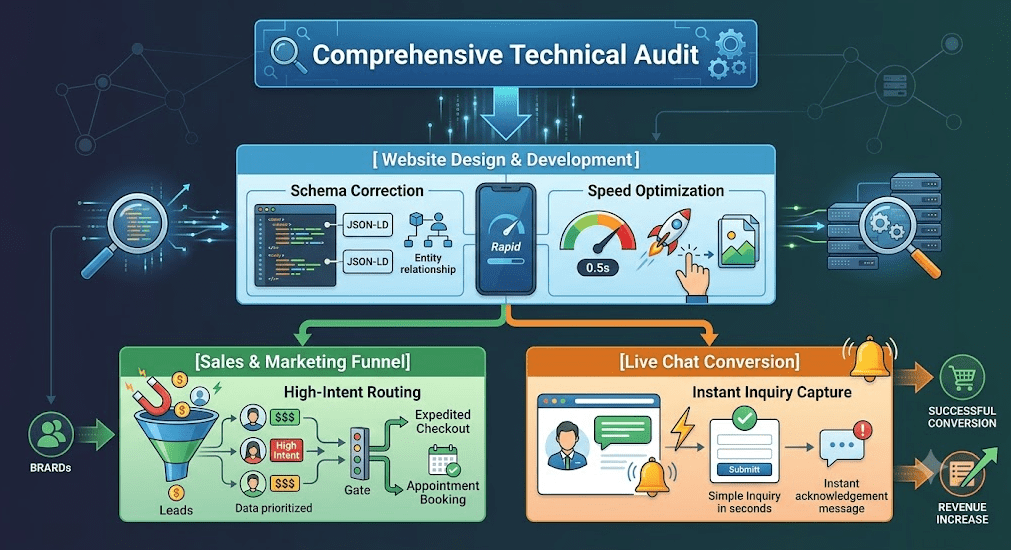 A conceptual flow diagram presented in a professional dark-mode tech aesthetic with glowing blue, green, and orange accents, illustrating a strategic web optimization process. The diagram is split vertically with arrows showing sequential progress.
Top (Step 1): A large header banner titled "Comprehensive Technical Audit" in a blue geometric box, complete with small gears and search magnifying glass icons. A downward-pointing arrow indicates flow.
Middle (Step 2): A central process block titled "Website Design & Development." This block is divided into two focused sections:
"Schema Correction" (Left): Shown via organized code snippets (JSON-LD tags) and entity relationship icons, representing structured data.
"Speed Optimization" (Right): Visualized by a speedometer with a rapid time reading, a rocket taking off, and dynamic performance icons.
Bottom (Step 3/Parallel Flows): The flowchart splits into two simultaneous conversion action paths:
"Sales & Marketing Funnel" (Left, Green Flow): Focuses on "High-Intent Routing." A marketing funnel captures and filters prioritized user profiles (marked with High Intent or dollar signs) leading them directly to expedited checkout or appointment booking.
"Live Chat Conversion" (Right, Orange Flow): Focuses on "Instant Inquiry Capture." A live browser window displays a chat interface, showing a simple inquiry form being instantly captured and acknowledged in seconds by a human agent icon, highlighted by a lightning bolt and notification bells.