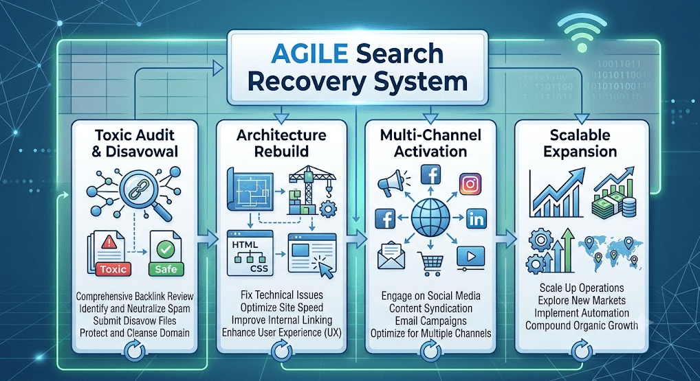 A conceptual flow diagram titled "AGILE Search Recovery System," presented in a sleek blue-and-green tech infographic style. The image illustrates a four-stage recovery workflow arranged horizontally, connected by directional arrows and feedback loops.
Stage 1 (Toxic Audit & Disavowal): Features a magnifying glass examining backlink network nodes. Icons depict filtering red warning-flagged "Toxic" files into green "Safe" files, representing the audit, disavow, and domain-cleansing process.
Stage 2 (Architecture Rebuild): Shows blueprints, construction cranes over site structures, and HTML/CSS web layout blocks. This section highlights fixing technical issues, improving site speed, and refining internal linking.
Stage 3 (Multi-Channel Activation): Illustrates a central globe surrounded by various digital channel icons, including social media platforms, email envelopes, video players, and shopping carts. This module focuses on content syndication and multi-platform reach.
Stage 4 (Scalable Expansion): Displays upward-trending growth graphs, stack of cash/currency, automated gears, and a world map with location pins. This final stage highlights market expansion, process automation, and compounding organic growth.