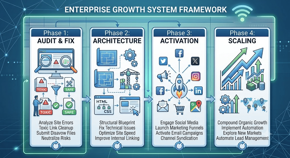 A modern conceptual flow diagram titled "Enterprise Growth System Framework," presented in a sleek blue-and-green tech infographic style. The image illustrates a logical four-phase process arranged horizontally, connected by directional arrows and feedback loops to show sequential progression and continuous improvement.
Phase 1 (AUDIT & FIX): A user examines a computer monitor displaying a website with diagnostic reports. Icons depict filtering red warning-flagged "TOXIC" files into green "SAFE" files, representing the analysis, toxic link cleanup, and domain-cleansing process.
Phase 2 (ARCHITECTURE): Features structural blueprints, cranes, gears, and HTML/CSS web layout blocks. This section highlights fixing technical issues, optimizing site speed, and refining internal linking and structure.
Phase 3 (ACTIVATION): Illustrates a central globe with diverse channel icons, including social media platforms, email envelopes, video players, and shopping carts. A megaphone and rocket symbolize launching marketing funnels, syndicating content, and engaging on social platforms.
Phase 4 (SCALING): Displays strong upward-trending growth graphs, stacks of currency/cash, automated factory gears with increasing arrows, and a world map with expanding network pins across multiple continents. This final stage highlights market expansion, process automation, and compounding organic growth.