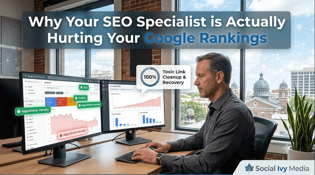 A photorealistic 16:9 featured image set in a modern St. Petersburg office. A male senior search strategist audits a multi-monitor setup. The screens display Google Search Console dashboards with dramatic red downward graphs and annotations indicating "Algorithmic Penalty." A bold text overlay spans the upper third: "Why Your SEO Specialist is Actually Hurting Your Google Rankings." A floating circular callout shows "100% Toxic Link Cleanup & Recovery." The bottom right corner contains a subtle "Social Ivy Media" logo and footer bar.