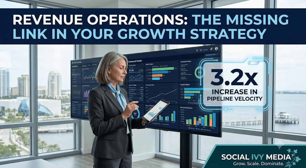 A photorealistic featured image in a 16:9 aspect ratio, showing a female senior growth strategist with grey hair, wearing a tailored navy blue suit and a light blue blouse, standing in a modern executive suite in St. Petersburg, Florida. She is looking intensely at a massive, multi-screen command center that displays a detailed, integrated multi-channel revenue pipeline and CRM dashboard with multiple data visualizations, pipeline stages, and conversion metrics. Her hand is gesturing toward the screens. Large floor-to-ceiling windows behind her provide a view of the St. Petersburg skyline and bay. In the upper third of the image, a bold navy blue graphic overlay strip contains white text that reads "REVENUE OPERATIONS: THE MISSING LINK IN YOUR GROWTH STRATEGY". A luminous, floating infographic callout box near the command center highlights a large bold number "3.2x INCREASE IN PIPELINE VELOCITY". In the bottom right corner, a sleek Social Ivy Media branding bar features the logo: "SOCIAL IVY MEDIA" and "Grow. Scale. Dominate." The overall tone is professional, clean, and data-driven. The photo is photorealistic with a polished infographic finish.