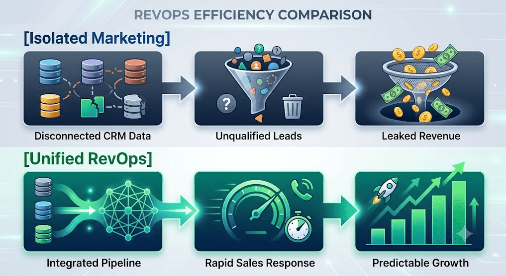 A side-by-side infographic comparing two business operational models. The top section, labeled '[Isolated Marketing]', depicts broken, disconnected data cylinders ('Disconnected CRM Data') leading to a chaotic, messy funnel with profile icons, question marks, and a trash can ('Unqualified Leads'), which ultimately results in a sieve losing gold coins and dollar bills falling into a void ('Leaked Revenue'). The bottom section, labeled '[Unified RevOps]', shows an efficient network of connected nodes and lines ('Integrated Pipeline') leading to a powerful speedometer with high speed, a stopwatch, and a phone icon ('Rapid Sales Response'), resulting in a strong rocket with a steep upward-trending bar chart ('Predictable Growth'). The overall title is 'REVOPS EFFICIENCY COMPARISON'.