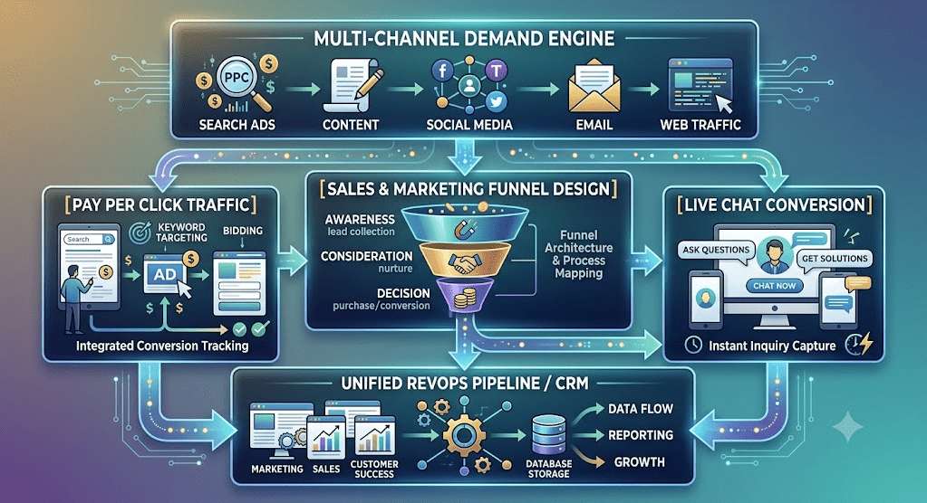 A complex, interconnected digital flowchart diagram detailing a marketing technology stack, set against a teal and purple gradient background with circuit lines and glowing data streams. At the top, a "MULTI-CHANNEL DEMAND ENGINE" panel aggregates icons for SEARCH ADS (PPC), CONTENT, SOCIAL MEDIA (Facebook, Twitter, LinkedIn), EMAIL, and WEB TRAFFIC. Below this, a funnel graphic shows the conversion stages: AWARENESS, CONSIDERATION, DECISION, leading into "[SALES & MARKETING FUNNEL DESIGN]". Two specialized conversion paths branch out simultaneously: one panel details "[PAY PER CLICK TRAFFIC]" with diagrams of keyword targeting, bidding, and "Integrated Conversion Tracking"; a parallel panel details "[LIVE CHAT CONVERSION]" with screen graphics for asking questions, getting solutions, and "Instant Inquiry Capture." Both paths feed into the main, foundational bottom panel titled "UNIFIED REVOPS PIPELINE / CRM." This central panel visualizes interconnected gears, server stacks labeled "DATABASE STORAGE," and multiple computer screens labeled "MARKETING," "SALES," and "CUSTOMER SUCCESS" sharing data. Arrows show continuous "DATA FLOW," "REPORTING," and "GROWTH" metrics radiating from the unified CRM hub. All panels are glowing with subtle light trails indicating real-time data integration.